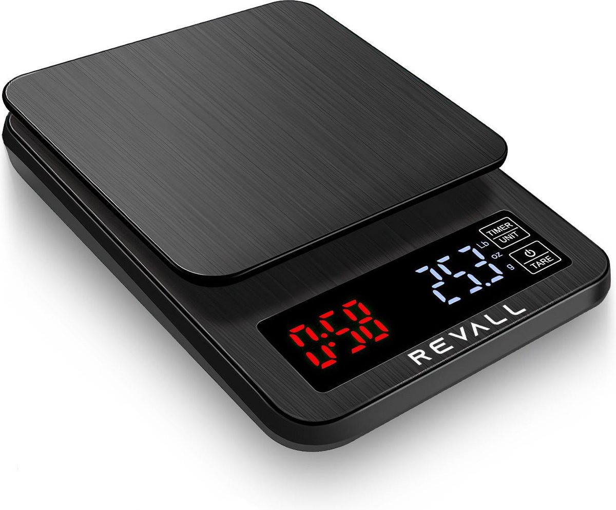 REVALL Digitale Precisie Keukenweegschaal - Koffie - 0,5g tot 3kg - Timer - Inclusief Batterijen - Zwart
