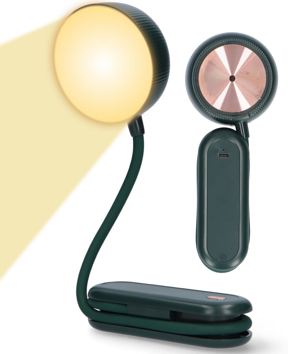 Leeslamp Dimbaar, Verstelbaar en Flexibel met 3 lichtstanden - Oplaadbaar Nachtlampje voor Boek - Bedlamp staand en hangend voor Slaapkamer, Bed of Nachtkastje - Klemlamp - Boeklamp - Cadeau - Groen
