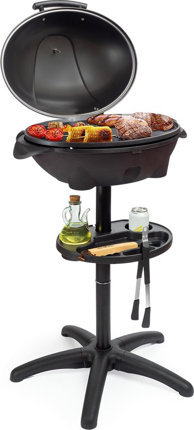 KitchenBrothers Elektrische BBQ - met Grillplaat - Anti-aanbaklaag - Incl. Plank/Houders - Grilloppervlak 46,5x33,8cm - tot 300°C - 2400W - Zwart
