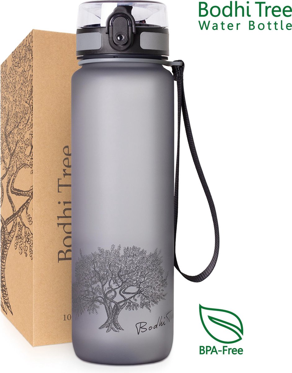 Bodhi Tree Drinkfles 1 Liter - Waterfles Volwassenen - BPA vrij - Sportfles - Bidon 1l - Water Bottle - Grijs
