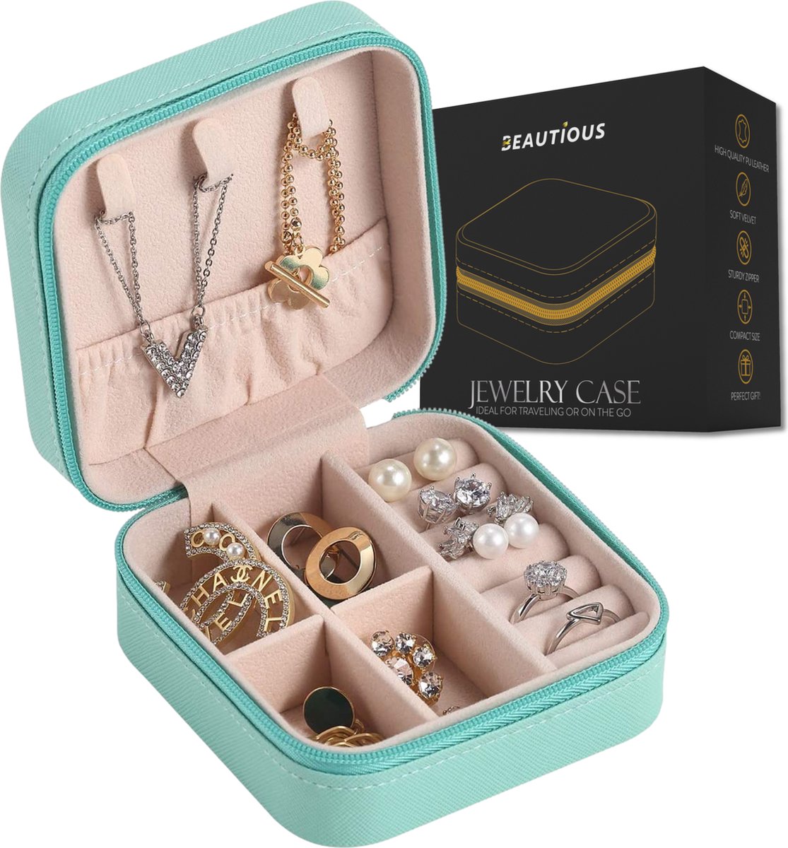 Beautious® Luxe Sieradendoos – Sieradenhouder – Juwelendoos – Compact - Ring/Oorbellen/ Ketting/Horloge - Mint review
