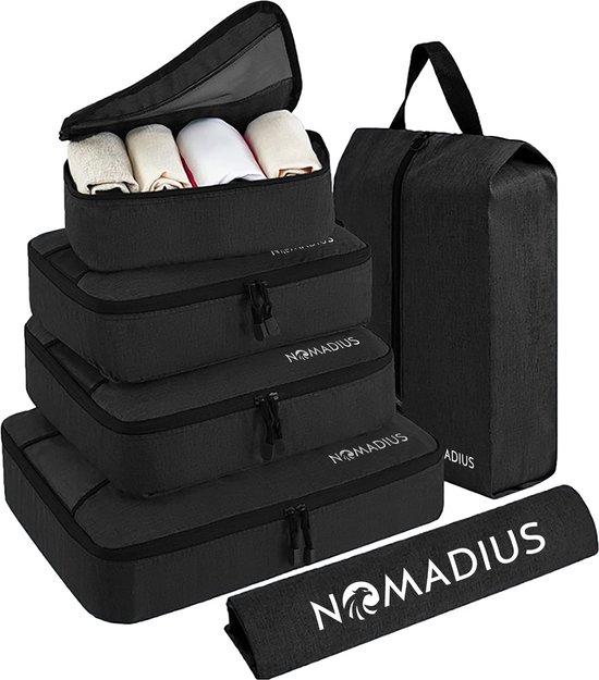 Nomadius® Packing Cubes Set - Premium Travel Organizer - Duurzame SBS Ritsen - Waterbestendig - Koffer Organizer - Incl. Schoenentas en Waszak - Voor koffers en tassen - Zwart review